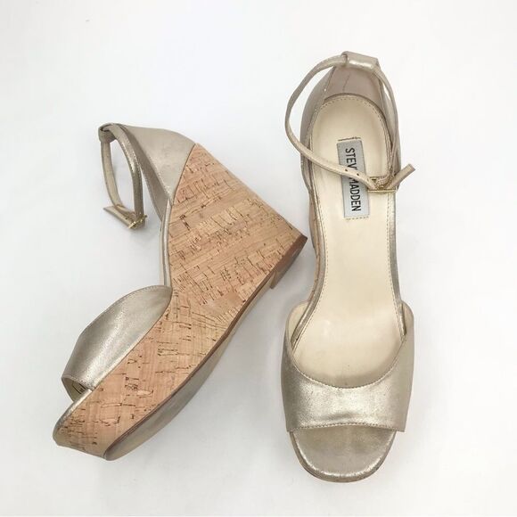 Steve Madden Metallic Gold Tone Cork Wedge Open Toe Sandals - Picture 3 of 15